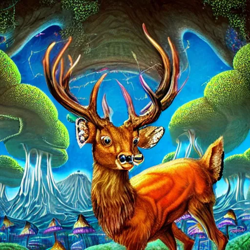 Image similar to 4 k headshot portrait of a psychedelic demonic anthropomorphic deer with mushroom themed clothes, magic mushroom village in background by jeff easley, award winning, stylized neon, post - processing, masterpiece, superb resolution. in the art style of junji ito and greg rutkowski. detailed mushroom city in background. hyper realistic anime. perfect art. dalle 2