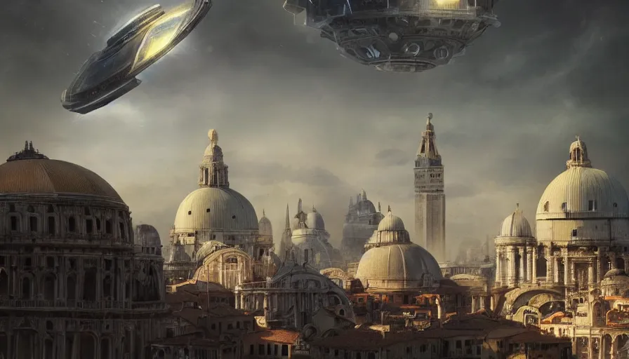 Image similar to a gargantulan alien ufo high tech spaceship eerily hovering on italy venice city landscape with beautiful temples by greg rutkowski, artgerm, ross tran, magali villeneuve, intricate, time travel theme, audince in awe, spectacle, audience sorrounding, award winning, octane render, masterpiece, 8 k, beautiful