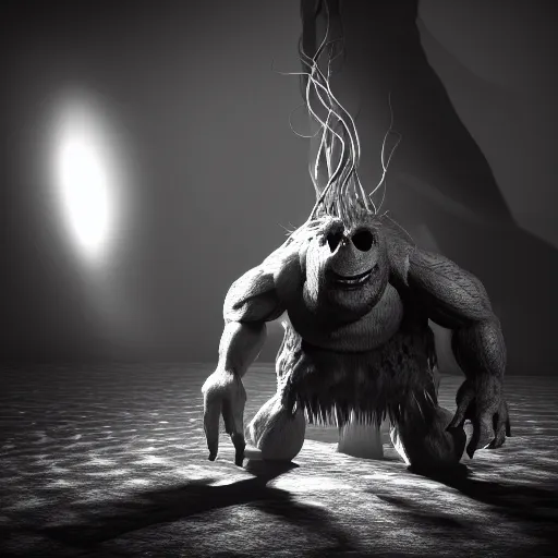 Prompt: vray render of the shadow of a monster with lots of tendrils, shadow and light, black and white, lens flare, dark monster, vray