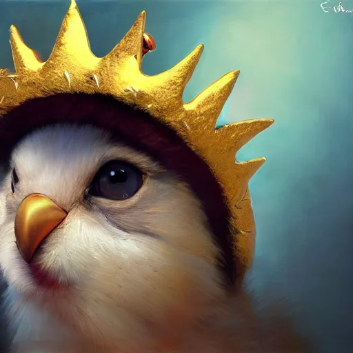 Image similar to a cute furry chick wears a golden metal crown on its head, by esao andrews, by m. w. kaluta, volumetric light, rich colors, very humorous oil painting, realistic reflections, smooth, concept art, depth perception, high depth of field, 4 k, unreal engine 5, ultradetailed, hyperrealistic, artstation