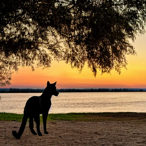 Prompt: a black cat on a white horse, at the sunset by the river