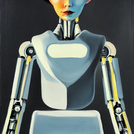 Image similar to female robot girl painting by neo rauch, highly detailed