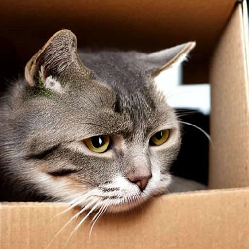 Image similar to cat sticking his head out of a small hole in a cardboard box