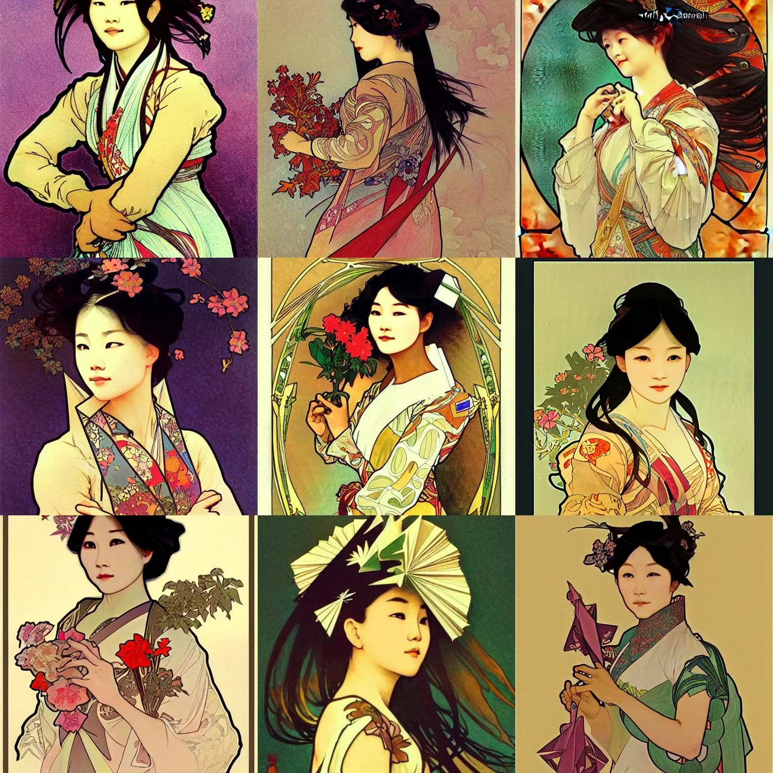 Prompt: asian woman made from origami, illustration, concept art, art by Alphonse Mucha