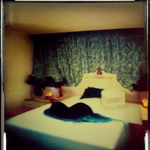 Prompt: grainy Polaroid film photograph of an empty bed with silk sheets floating in the middle of the ocean. super resolution. surreal. Extremely detailed. Polaroid 600 film. by Annie Leibovitz and Richard Avedon