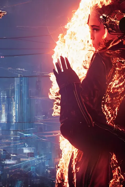 Prompt: in the foreground Saint Petersburg, in the background a magnificent young blonde woman from behind playing with flames coming out of her hands wearing a long matrix-style jacket, realistic, high definition, many details, dramatic scene, symmetrical face, realistic eyes, cyberpunk art 2077