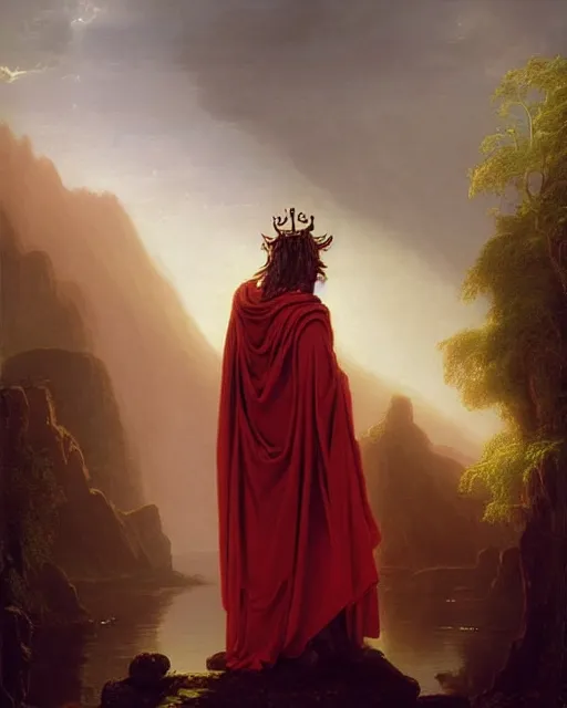 Image similar to A wild magic sorcerer. He is wearing a cloak with glowing runes on it and a crown. He is frowning seriously. He is preparing to cast a spell to banish the old gods. He is standing in spell circle. Award winning realistic oil painting by Thomas Cole and Wayne Barlowe