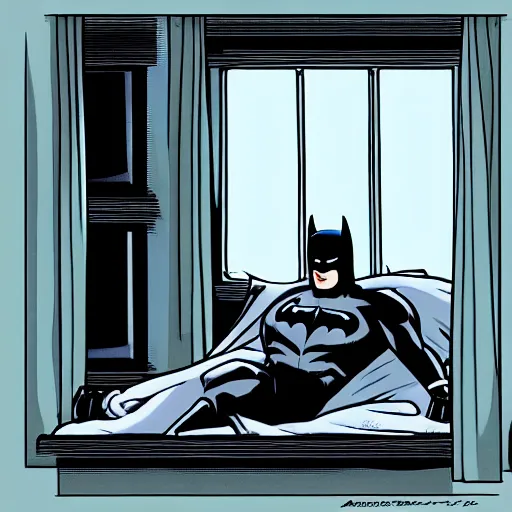 Prompt: man sleeping in bed with batman lurking menacingly in the window. artstation