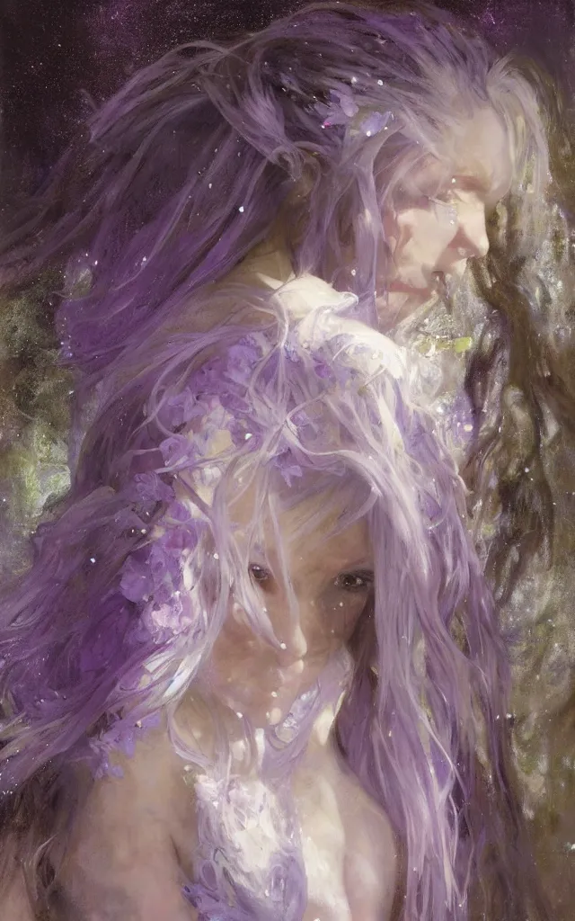 Prompt: hyperrealist portrait of a night fairy with white hair and purple eyes, wearing a long robes that fall like stars, by jeremy mann and alphonse mucha, fantasy art, photo realistic, dynamic lighting, artstation, poster, volumetric lighting, very detailed faces, 8 k, award winning