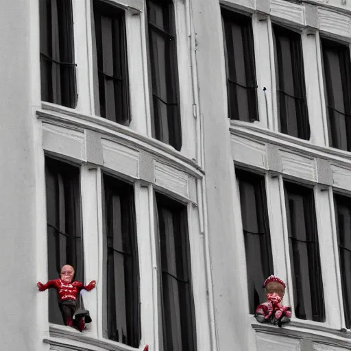 Image similar to some dwarfs are making some backward somersault from a balcony, photography