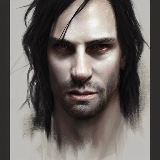 Image similar to Portrait of a man by Greg Rutkowski, he is about 30 years old, messy long black hair, tired appearance, roman nose, wearing black t-shirt, highly detailed portrait, digital painting, artstation, concept art, smooth, sharp foccus ilustration, Artstation HQ.