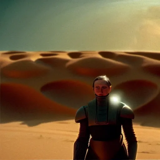 Image similar to colour aesthetic highly detailed photography scene from dune ( 2 0 2 1 ) by denis villeneuve and gregory crewdson style with ultra hyperrealistic highly detailed faces. many details by andrei tarkovsky and caravaggio in sci - fi style. volumetric natural light hyperrealism