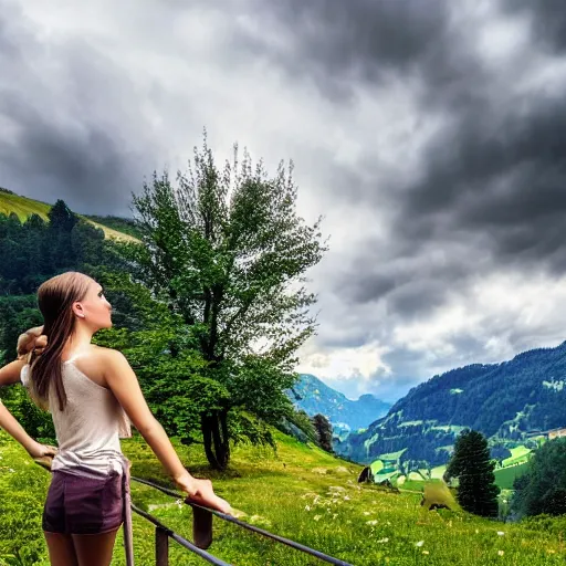 Image similar to a beautiful photograph of a girl with switzerland landscape in the background with trees, hdr, 8 k, high quality, sharp focus, artstation, highly detailed, award - winning, dramatic lighting, beautiful clouds, and nature, digital art