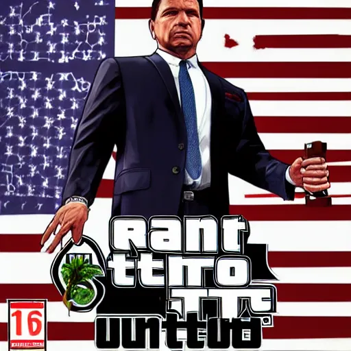 Image similar to Ron DeSantis portrait, GTA 5 Cover art, no text