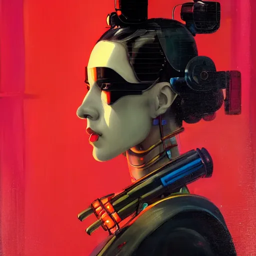 Image similar to cyberpunk geisha android robot portrait painting, medium shot, asymmetrical, profile picture, organic painting, sunny day, matte painting, bold shapes, hard edges, street art, trending on artstation, by huang guangjian, ash thorp and gil elvgren and sachin teng