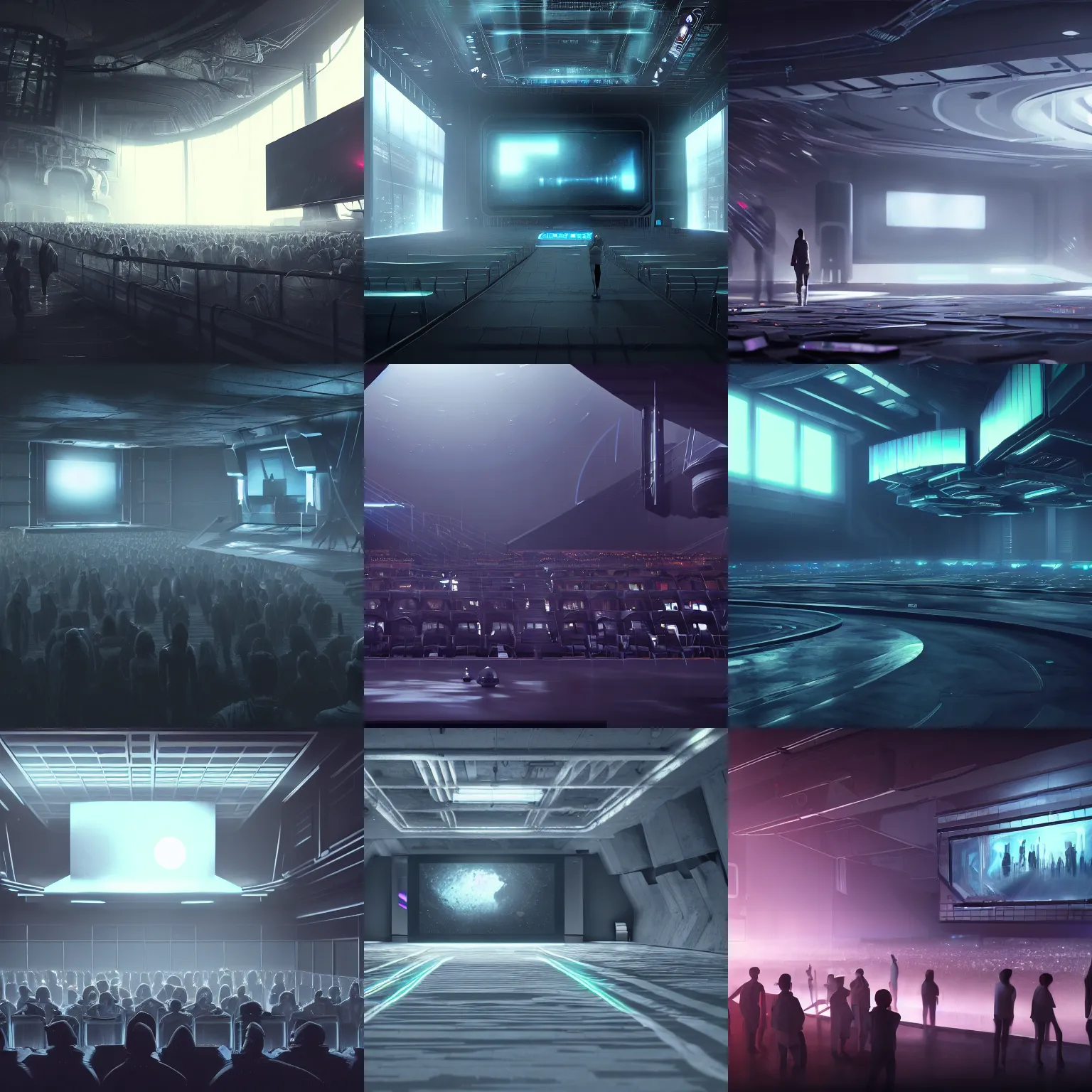 Prompt: digital concept art of a very small!!! dark futuristic show venue with a large bright screen in front of twenty people, grey, realistic, octane render, high detail, environment, sharp focus, artstation