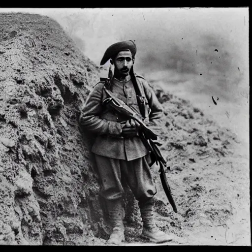 Image similar to Kurdish soldier, ww1 trench, war photo, film grain, award winning photo