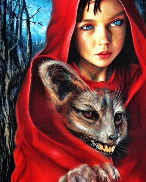 Prompt: little red riding hood, airbrush, drew struzan illustration art, key art, movie poster