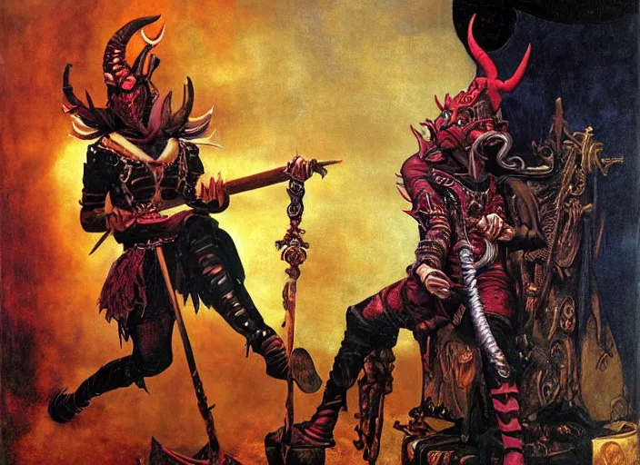Prompt: a tiefling with brilliant red skin and horns, wearing purple. leather and spiked boots. guitar. heavy metal. edgar maxence and caravaggio and michael whelan and delacroix style, artistic, intricate painting, cinematic lighting, hyper realistic, extremely detailed, vivid colors, establishing shot, dramatic lighting