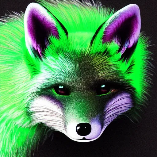 Image similar to photorealistic green fox with green fur and glowing magenta eyes, wearing a black hoodie