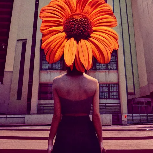 Image similar to giant flower head, frontal, woman standing in mid century building, surreal, symmetry, bright, tone in tone, cinematic, wes anderson