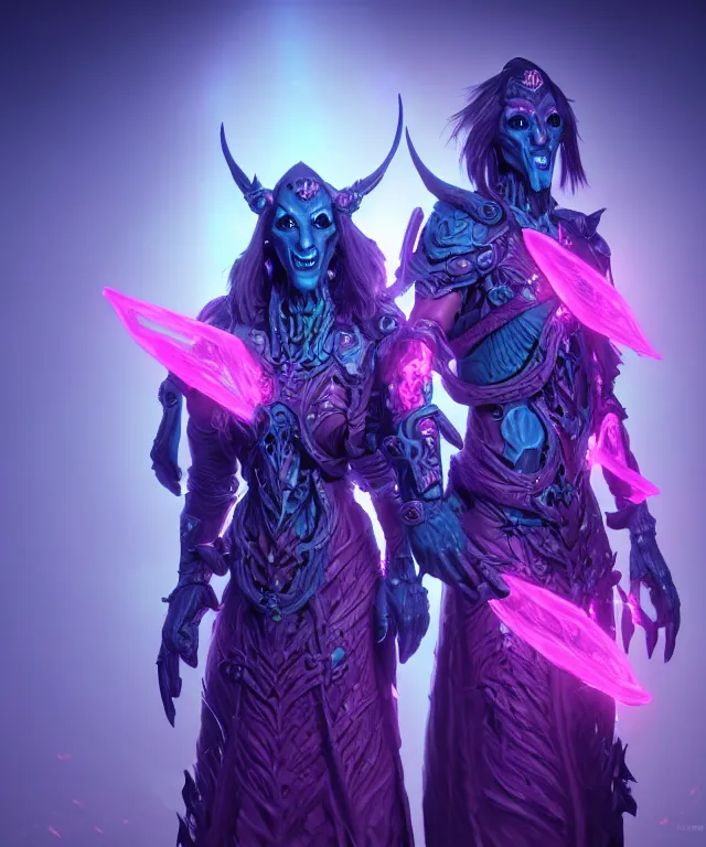 Prompt: twin xanathars made of bioluminescence slimy skin, fantasy, elegant, crisp 8 k line art, digital painting, artstation, unreal engine, octane render, emissive lighting, concept art, matte, sharp focus, hyper realistic lighting, illustration, deep royal blue and pink color scheme, art by dave kendall