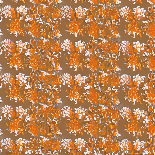 Image similar to repeating fabric pattern, minimalistic, miniature tiny orange and peach color flowers, brown vines and leaves