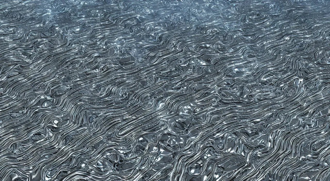 Prompt: computer graphics of a land made of liquid metal and feathers trending on Flickr and trending on ArtStation