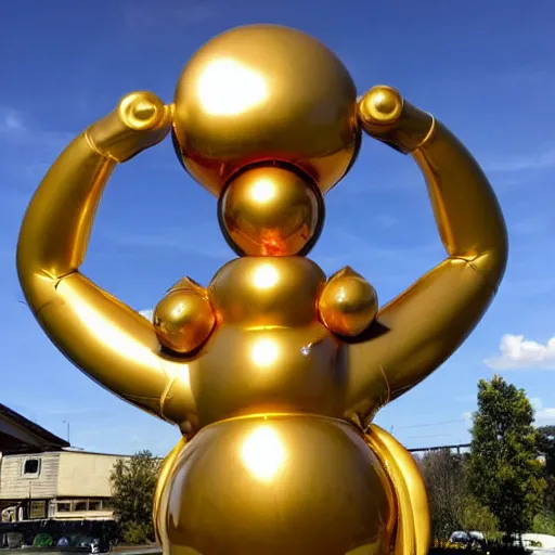 Prompt: picture of giant golden statue of a playstation controller, in a suburb