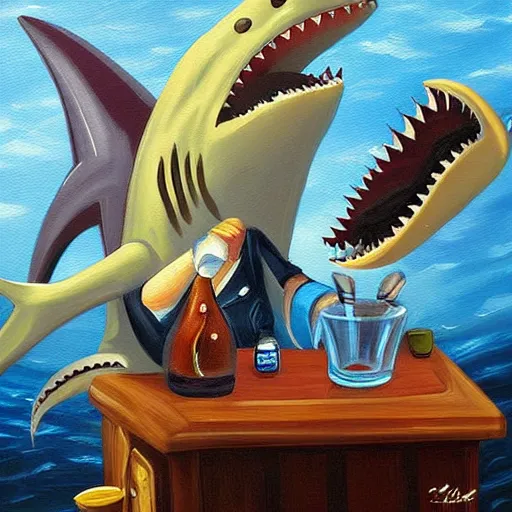 Prompt: Shark bartender, high quality painting