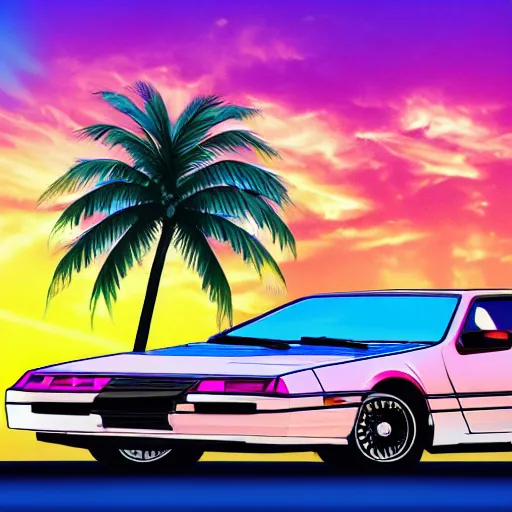 Image similar to miami beach sunset vapor wave palm trees 80s synth retrowave delorean close up ultra detail contrast specular metal car door details realistic render parts chrome