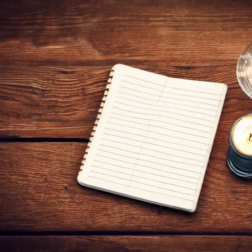 Prompt: old notebook on a wooden table, dim candle light, photorealistic, high details