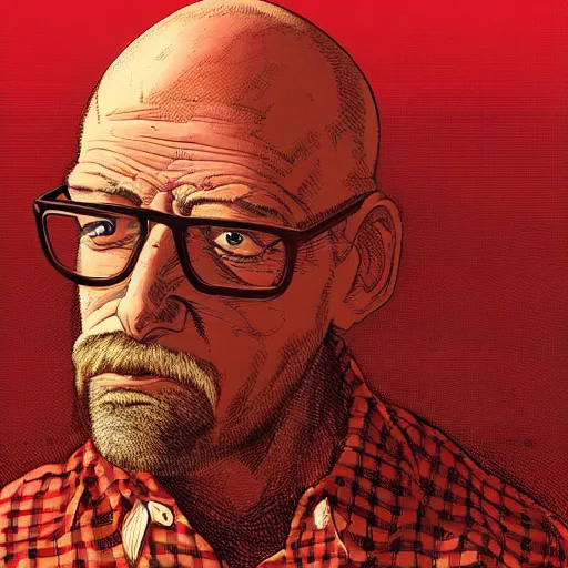Prompt: bald man with glasses and a red plaid shirt, by jean giraud, golden ratio, environment, hyper detail, concept artbook