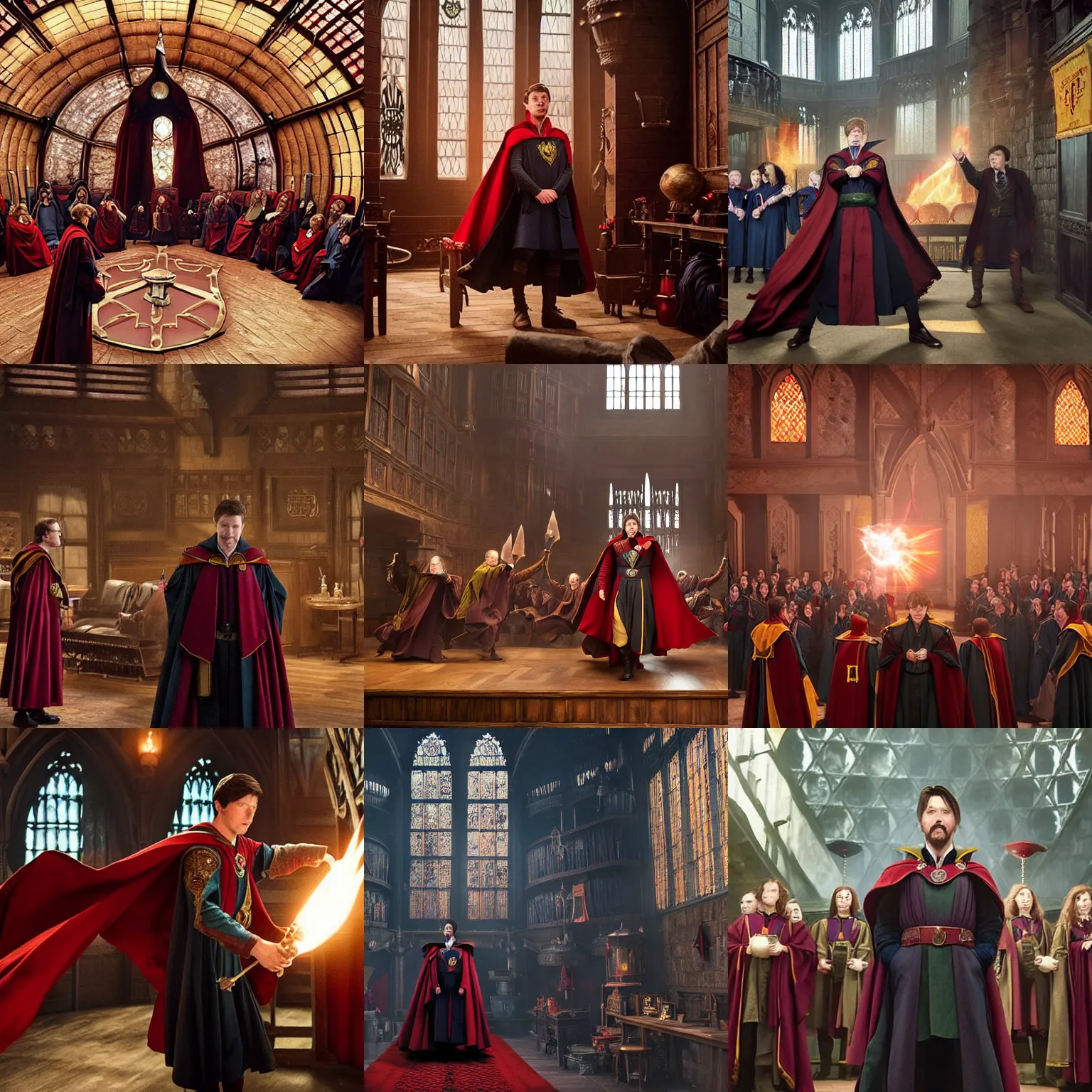 Prompt: hogwarts gryffindor common room, doctor strange is opening a portal, film still