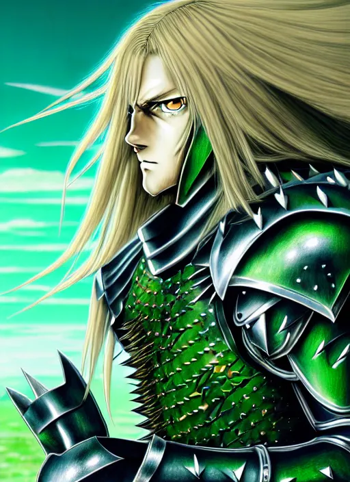 Image similar to a detailed manga full body portrait illustration of a man with long blonde hair and blue eyes wearing evil green spiked armour in a desolate place by hirohiko araki, detailed artwork, realism, 4 k resolution, detailed, high quality, sharp focus, hq artwork, insane detail, volumetric lighting, character concept art, fine details, clear subject, central subject