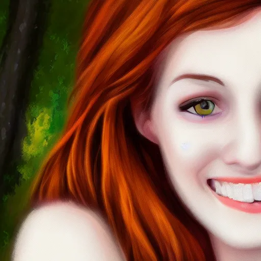 Image similar to Fullbody picture of Young woman with auburn hair looking into the camera and smiling slightly, digital painting, 8k