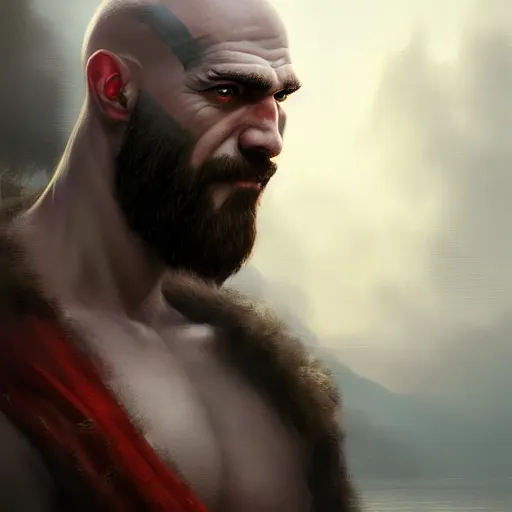 Image similar to kratos closeup portrait, dramatic light, lake background, 2 0 0 mm focal length, painted by stanley lau, painted by greg rutkowski, painted by stanley artgerm, digital art, trending on artstation