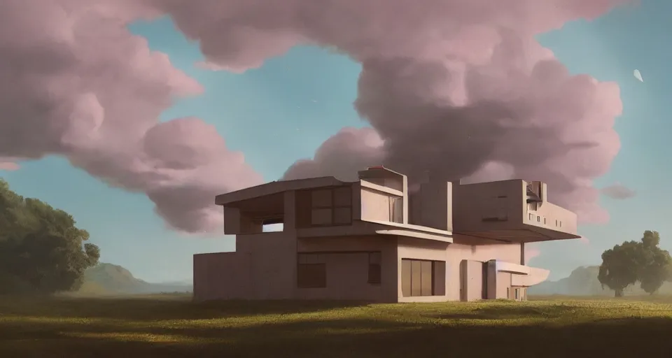 Prompt: modernist house in the shape of a hamburger, light pink clouds, dramatic lighting, artstation, matte painting, raphael lacoste, simon stalenhag, frank lloyd wright, zaha hadid