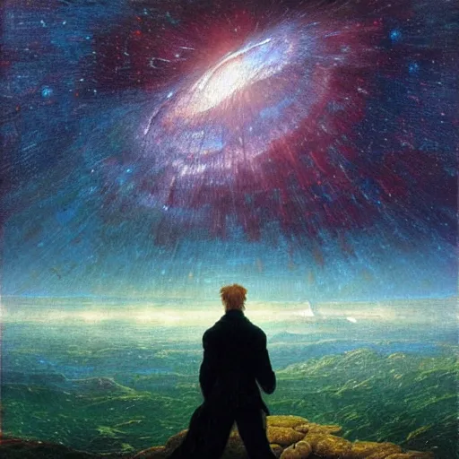 Image similar to an impasto oil painting of a futuristic wanderer gazing into a universe full of mystical colorful light nebulae and galaxie spainted by caspar david friedrich, pastel color scheme