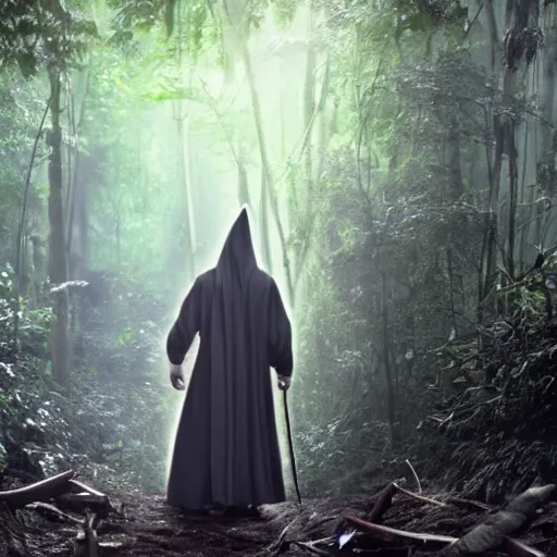 Image similar to a man wearing a long cloak and hood, walking through a lush jungle, film still, arriflex 3 5 extremely high detail