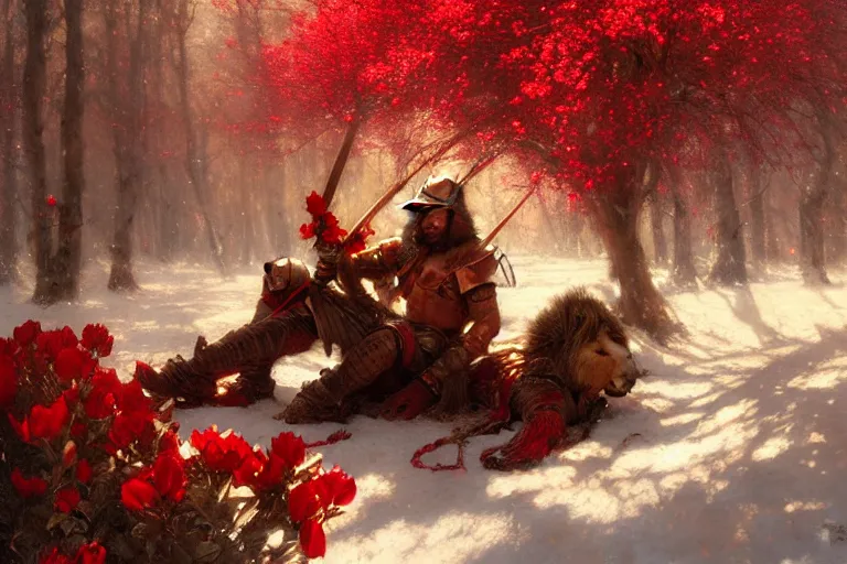 Image similar to winter, a male warrior wearing armor relaxing under a world tree with red flowers, ground covered with snow, extreme long shot, fantasy, painting by gaston bussiere, craig mullins, j. c. leyendecker, trending on artstation