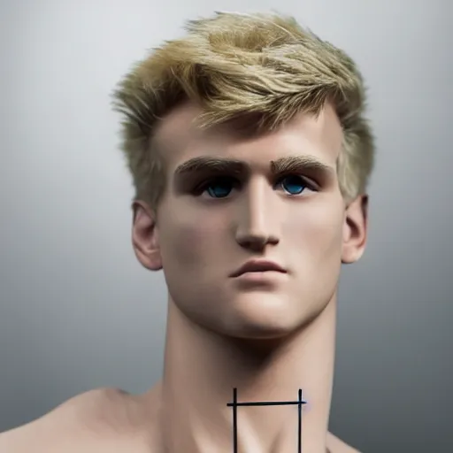 Image similar to a realistic detailed photo of a guy who is an attractive humanoid who is half robot and half humanoid, who is a male android, boxer and youtuber jake paul, shiny skin, posing like a statue, blank stare, at the museum, on display