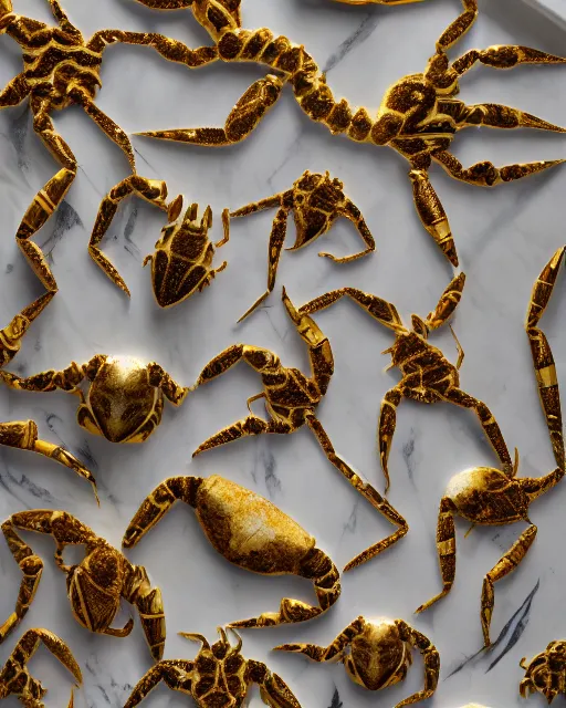 Image similar to white calacatta gold marble, white and gold kintsugi, feminine shapes, crab shapes, spider shapes, scorpion shapes, tarantula shapes, stunning, highly detailed, intricately detailed, octane, 8 k, trending on artstation