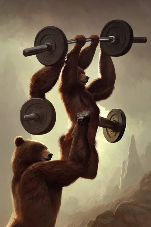 Image similar to anthro bear lifting weights, dim dingy gym, dynamic pose, fantasy, intricate, elegant, highly detailed, digital painting, artstation, concept art, matte, sharp focus, illustration, art by artgerm and greg rutkowski and alphonse mucha