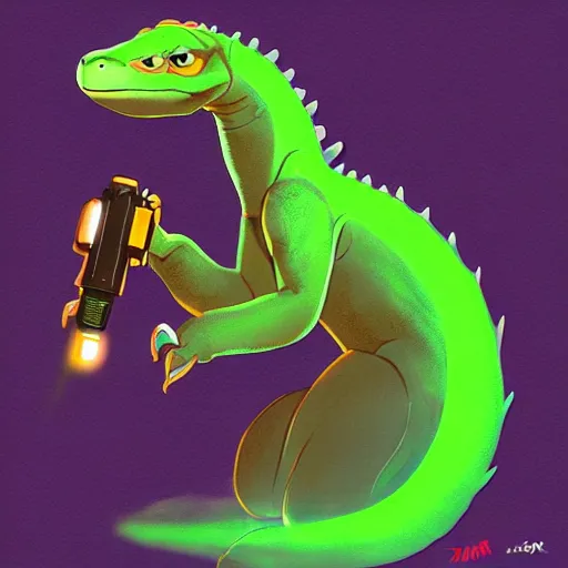 Prompt: “ komodo dragon in the style of zootopia holding laser gun, floating alone, with a black background, digital art, award winning, trending on art station, retro style ”