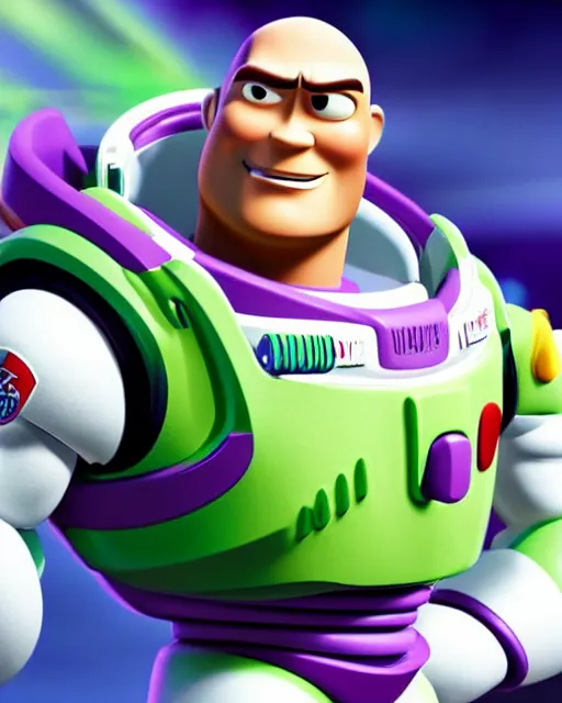 Image similar to Film still close-up shot of Dwayne Johnson as Buzz Lightyear in the movie Toy Story 3. Photographic, photography