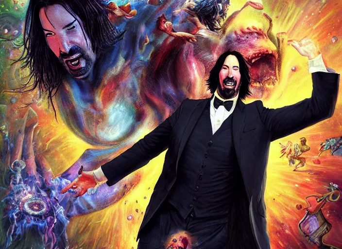 Prompt: super fat keanu reeves celebrating at a party being thrown in his honor, cosmic horror painting, elegant intricate digital painting artstation concept art by mark brooks and brad kunkle detailed