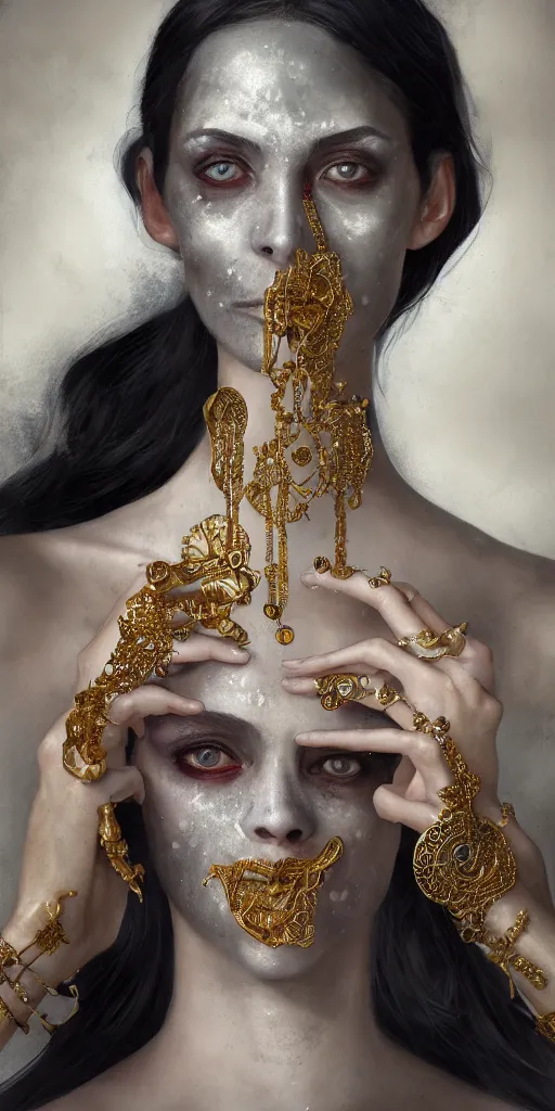 Prompt: realistic character concept, mime with lots of jewelry in the face, elegant pose, scifi, illustration, slender symmetrical face and body, artstation, cinematic lighting, hyperdetailed, cgsociety, 8 k, high resolution, charlie bowater, tom bagshaw, single face, insanely detailed and intricate, beautiful, elegant, golden ratio, dark fractal background, vfx, postprocessing