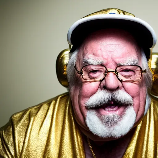 Image similar to dslr portrait photo still of wilfred brimley as a gangsta rapper with gold chains and gold teeth grills growling at camera and showing his teeth, 8 k, 8 5 mm f 1. 8