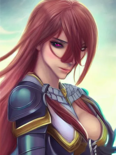 Image similar to a portrait of an attractive knight female anime character with long hair, artgerm